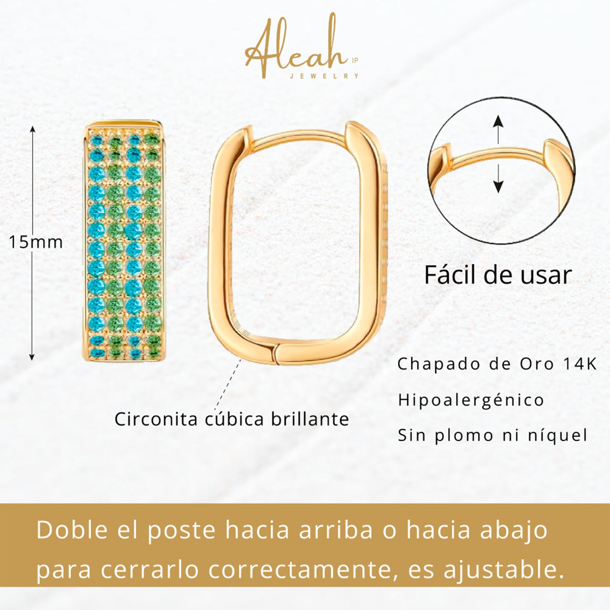 Arracadas Cuadradas Azul y Verde con Zirconias Aleah Jewelry vista 4