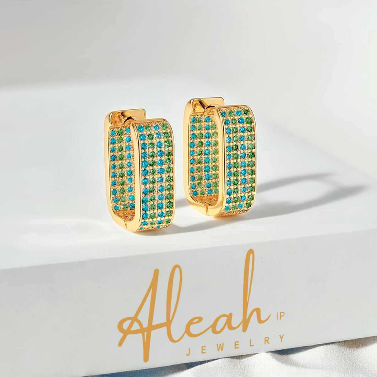 Arracadas Cuadradas Azul y Verde con Zirconias Aleah Jewelry vista 6